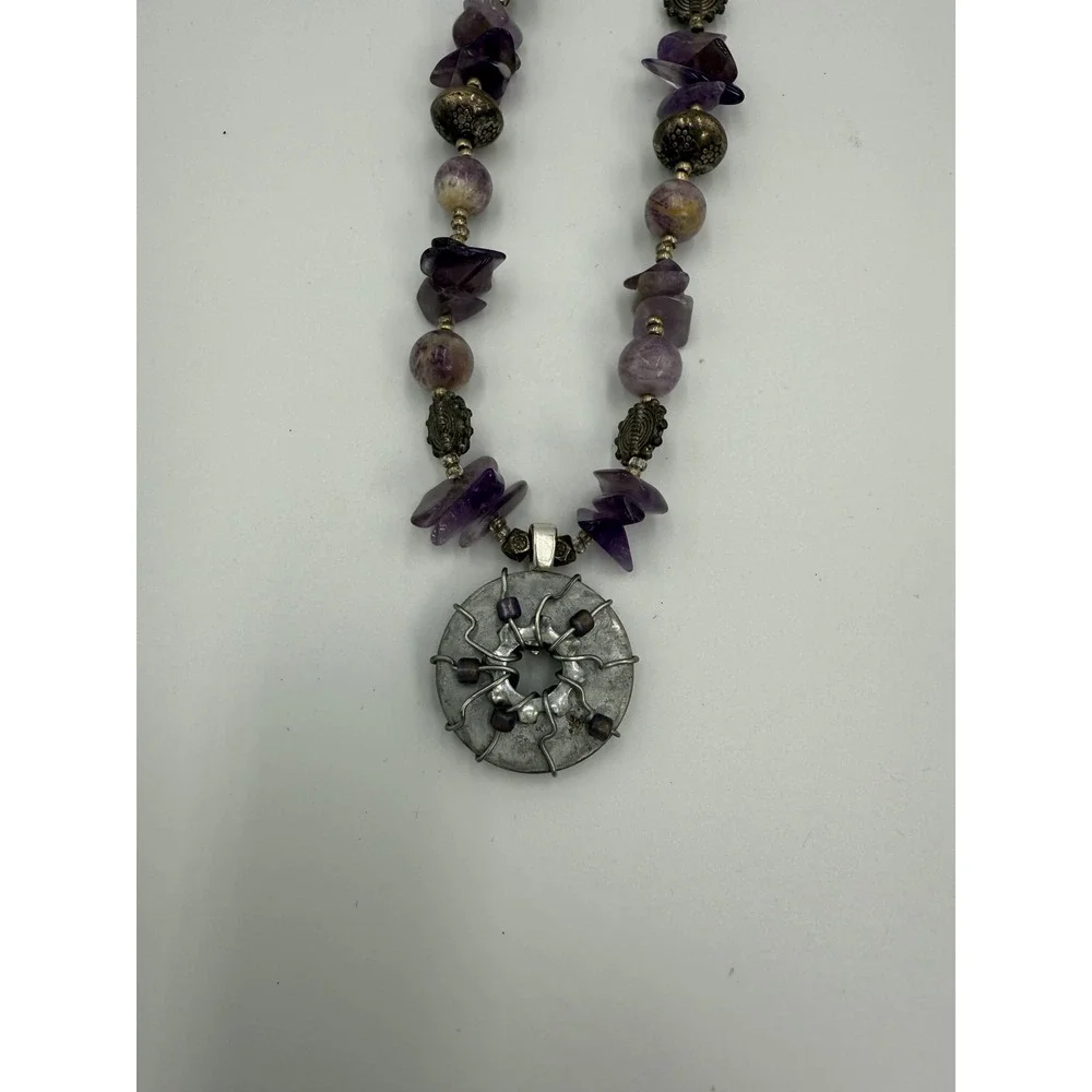 Vintage Purple Stone Beaded Necklace Pendant‎ Silver Tone Boho Statement